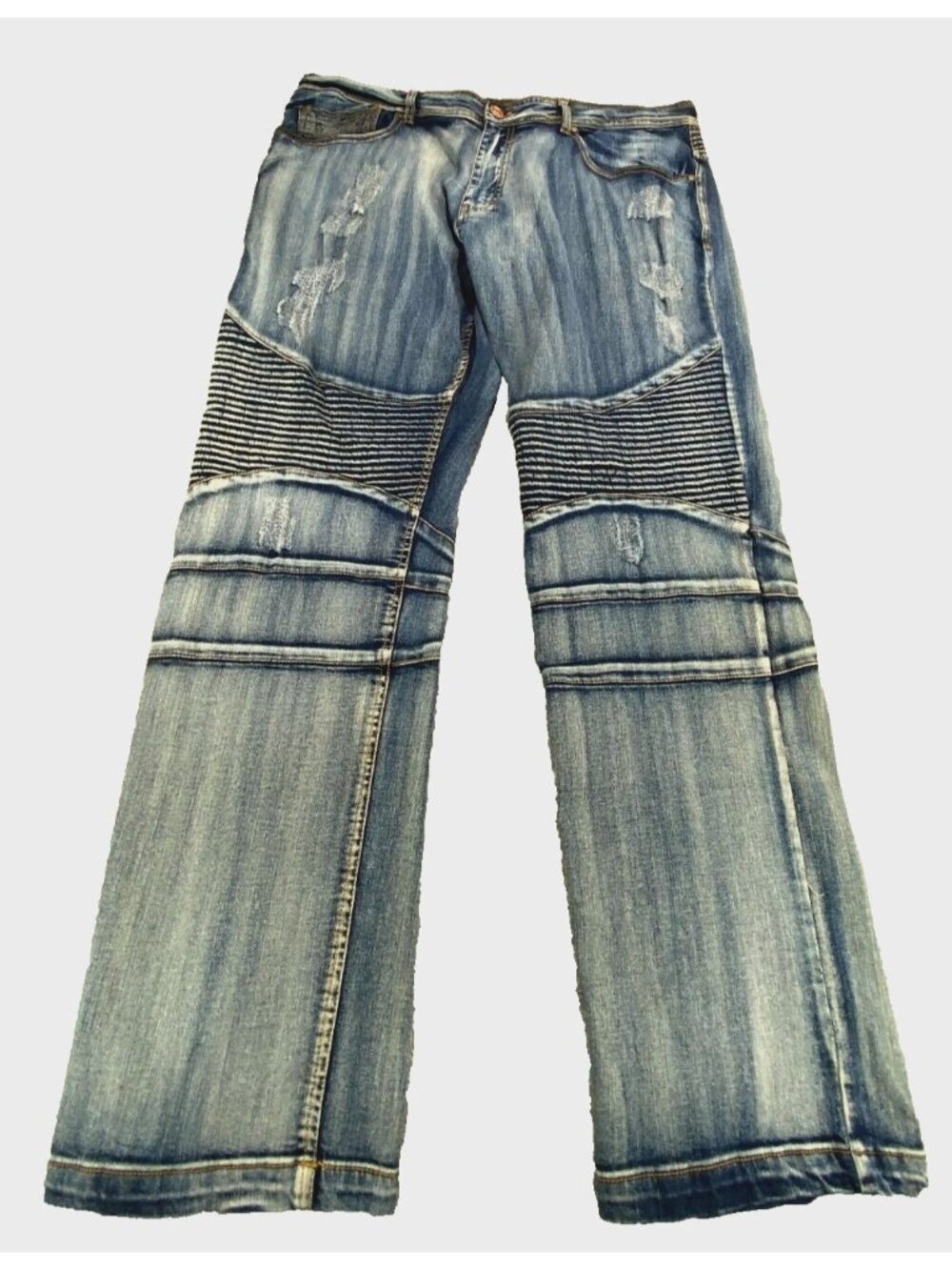 Mogul Biker Jeans Men's 42 34 Blue Denim Stretch Pockets Distressed Straight Leg